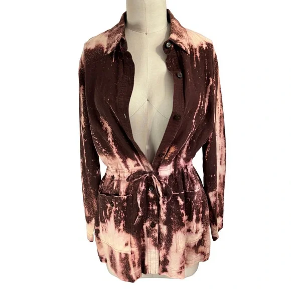 Custom Upcycled Linen Button-Up Shirt with Drawstring Waist and Front Pockets - Picture 1 of 11